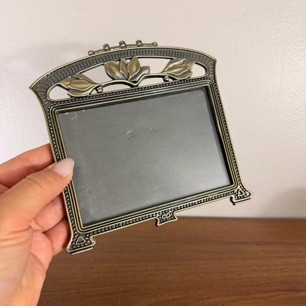 Vintage Art Nouveau Picture Frame Brass Tone Floral Magnolia Hollywood Regency